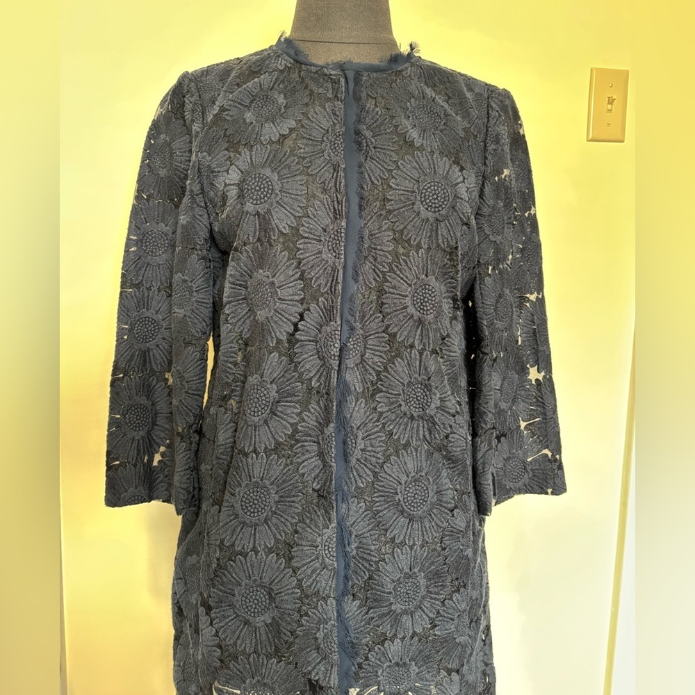 Ann Taylor Floral Lace Navy Blue Long Lightweight Jacket Sheer